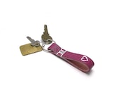 Love Rocks, Personalized Leather Key Fob, Pink, Fuschia, Stamped Heart in Silver