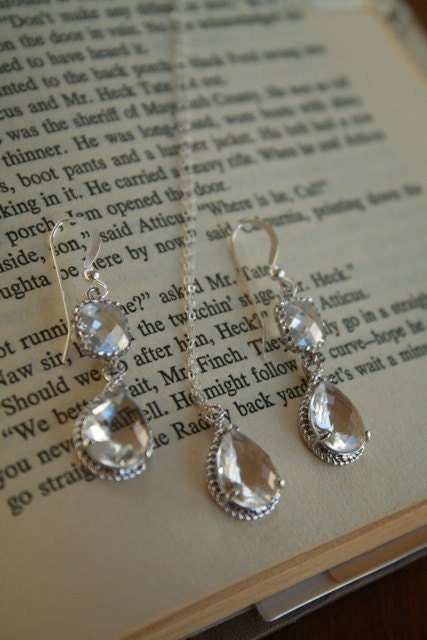Gorgeous Crystal Bridal Set.  Earrings and Necklace on Sterling Silver. Bride, Bridesmaids, Wedding
