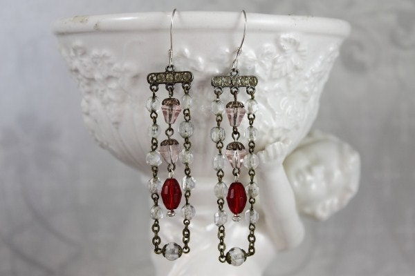 Assemblage Earrings featuring Vintage Pink and Clear Crystal Rosaries