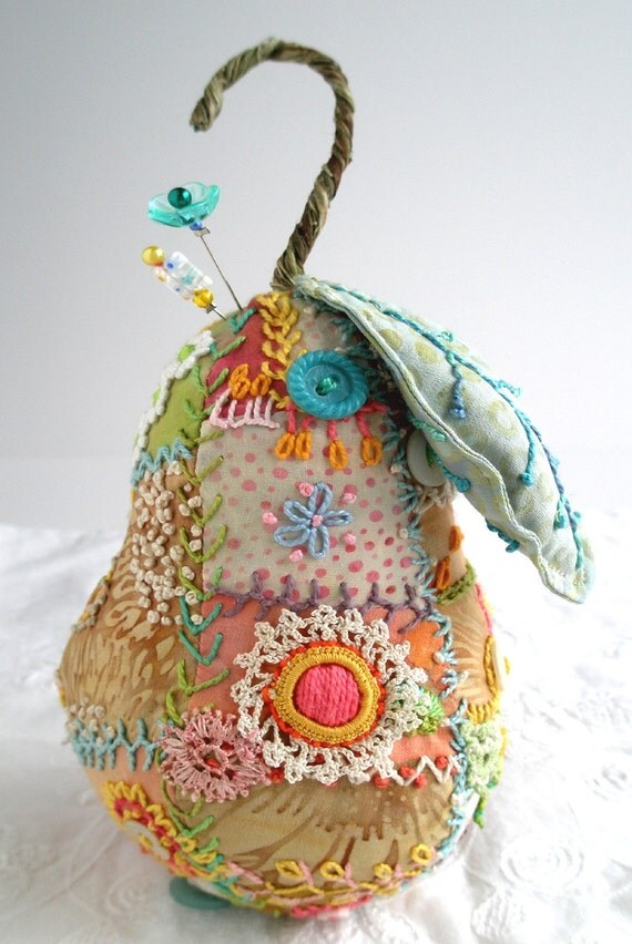 Bosc Crazy Quilted Pear Pincushion hand embroidered