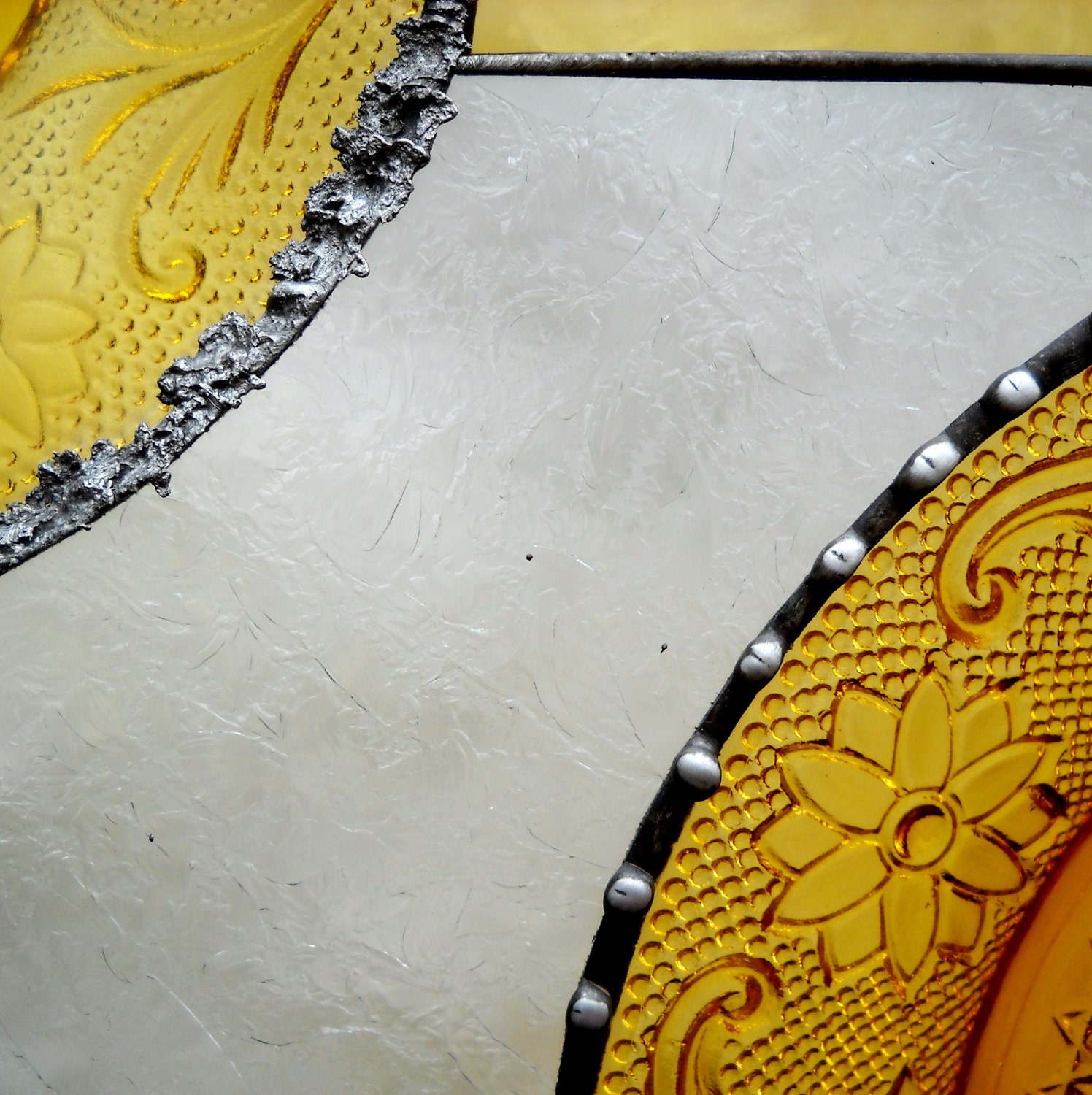 Vintage Sandwich Glass Stained Glass Plate Panel with Amber Tiara Dishes