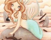 Siren's rock - Siren Mermaid ACEO print shipwreck