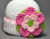 Cotton Baby Hat with Pink and Green Flower and matching Booties