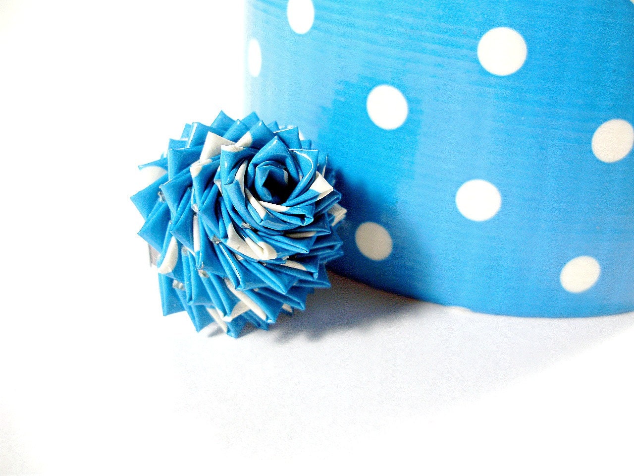 Blue and White Polka Dot Duct Tape Flower Ring