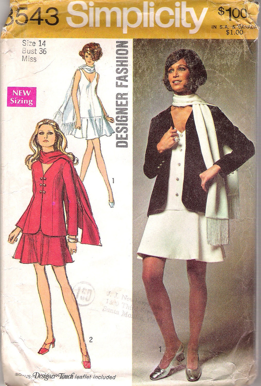 Vintage 60s Mod Dress Pattern 1960s Jacket Dropwaist Scarf 36 bust size 14 Simplicity 8543