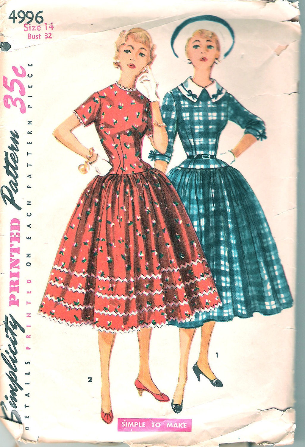 Vintage 50s Dress Pattern 1950s Full Skirt Party Dress Rockabilly Simplicity 4996 32 bust size 14
