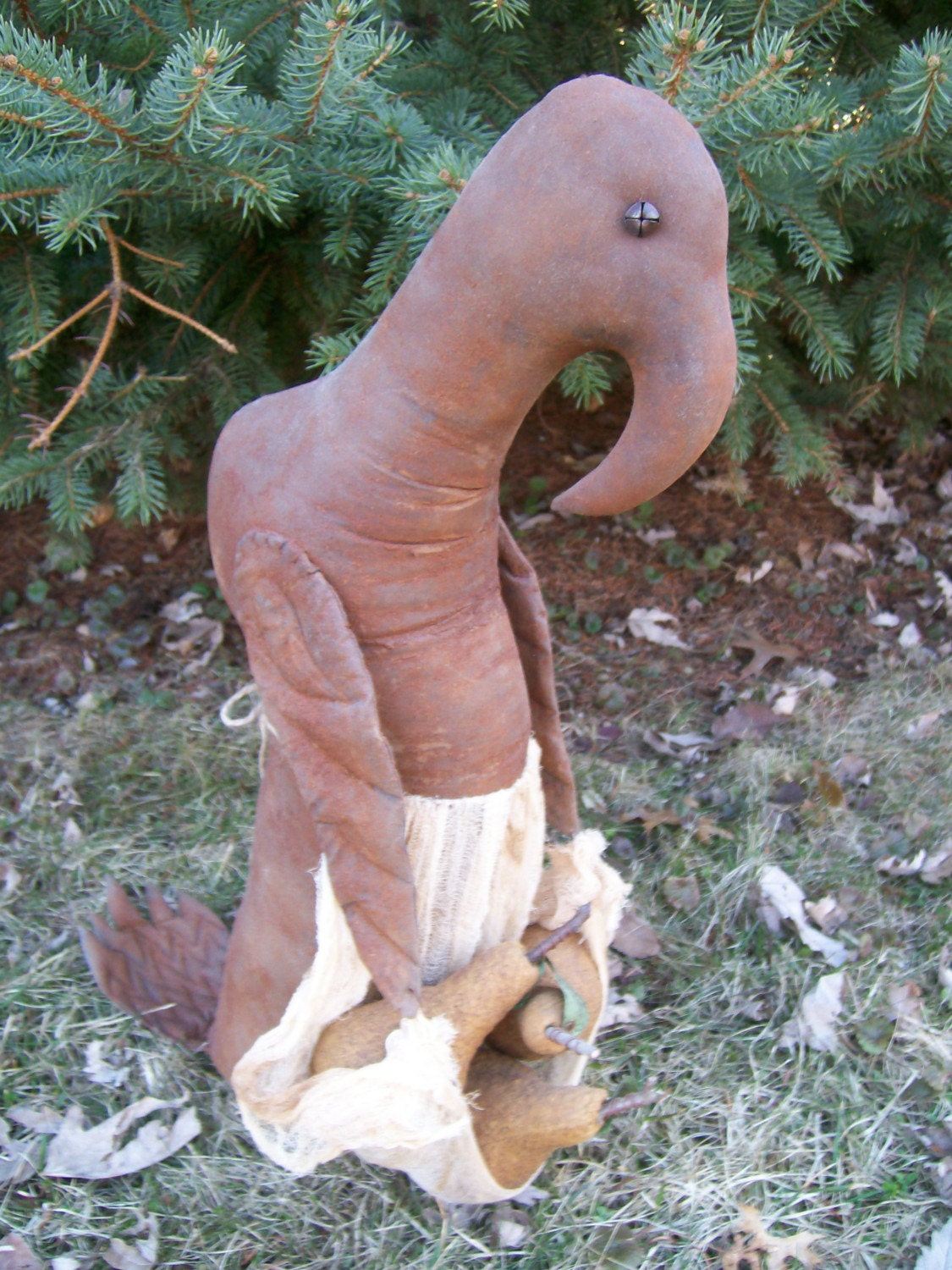 Huge Primitive Folk Art Old Humpback Crow Doll Greeter, Apron, and Grungy Ripe Pears.