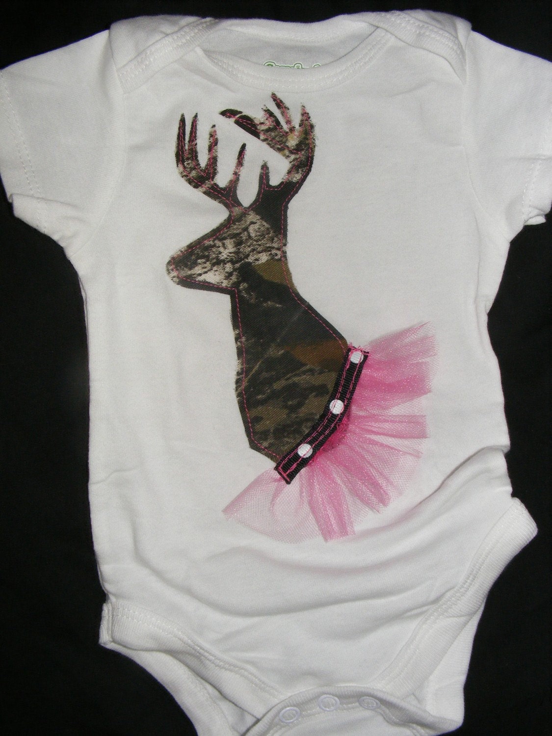 Your Pick of Design CUSTOM  Mossy Oak Camouflage Appliqued Hunting Onesie or Shirt (Deer in Tutu)