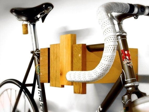 wall mounted bike rack - reclaimed wood - clear oil finish
