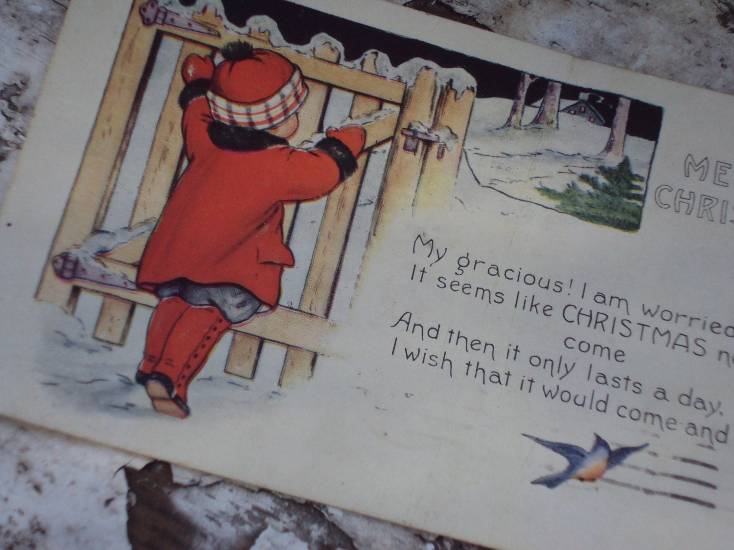 1920 Christmas Postcard Winter Scene Girl at Gate Snow and Bluebird