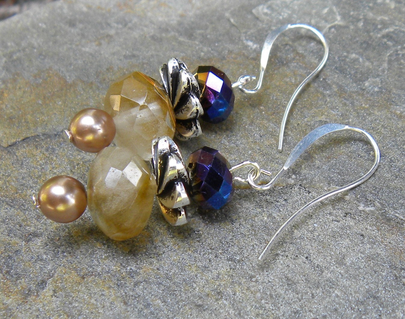 Tuscany Handmade Beaded Earrings Volcano Quartz Crystals Silver Beads