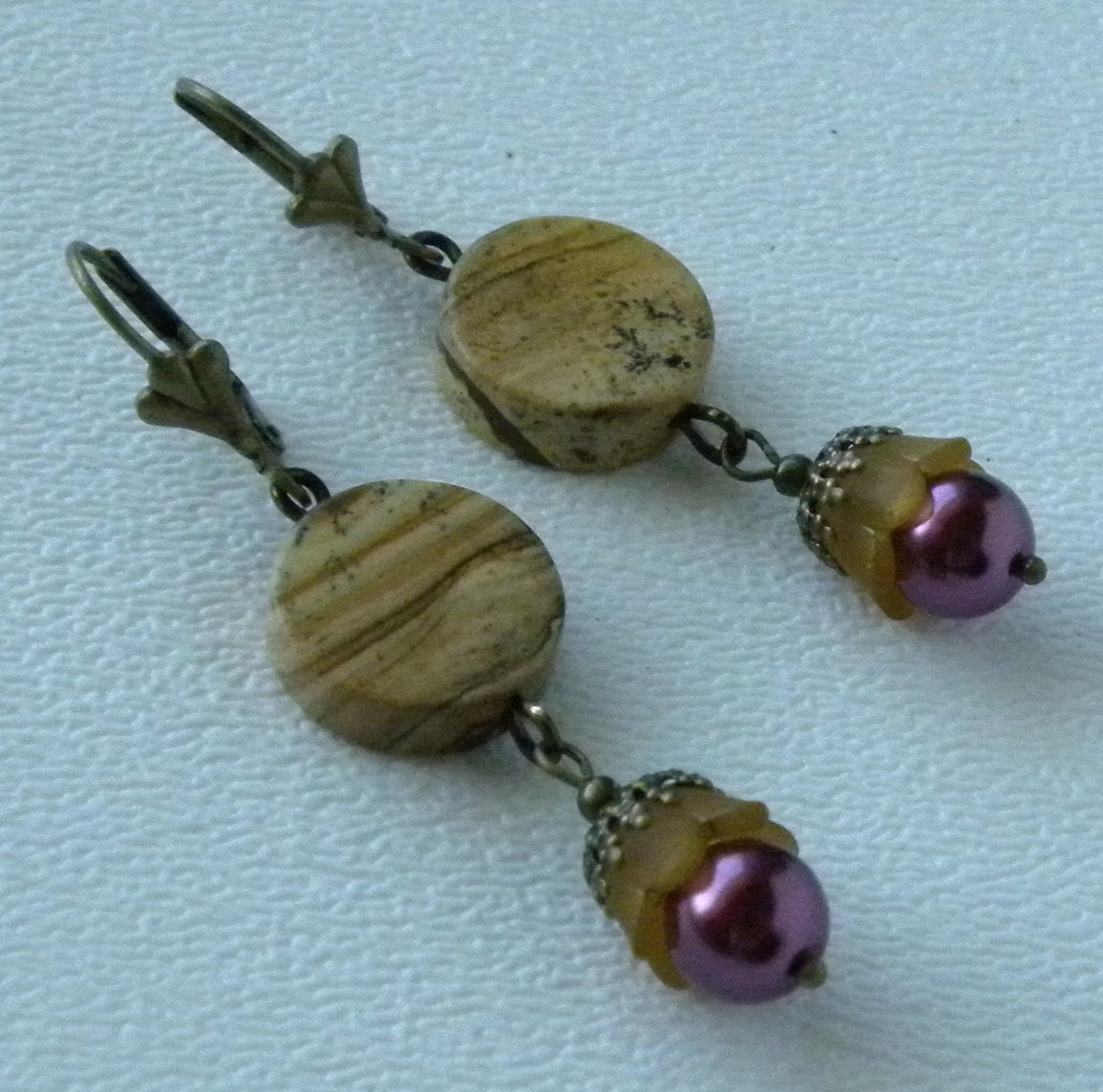 Handmade Beaded Earrings Picture Jasper Lucite Flower Pearl Drop