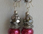 Isabella Handmade Beaded Earrings Raspberry Pearls Silver Crystals