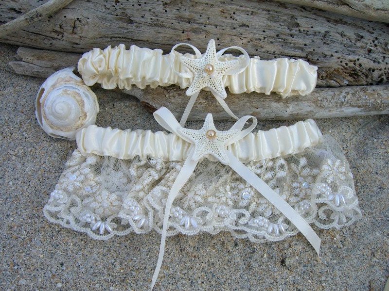 Starfish Beach Wedding Bridal Garter Set-ELEGANT IVORY-Weddings, Starfish, Beach Weddings, Ivory Lace, Bridal Accessories, Toss Garter