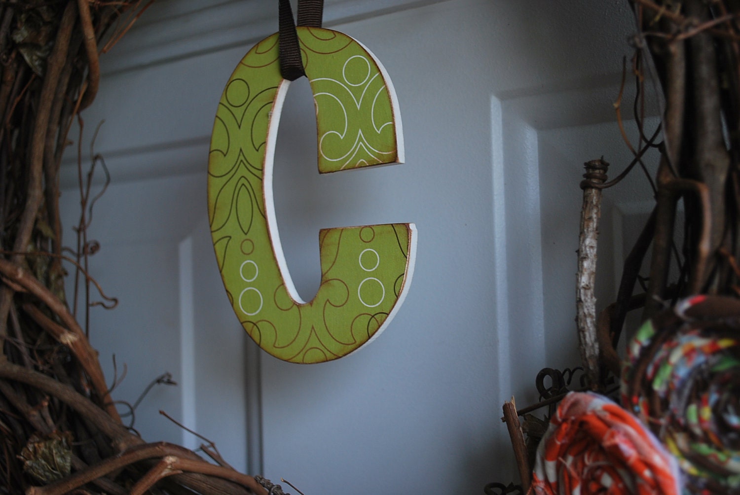 Monogrammed Shabby Chic Rosette Vine Wreath-Green