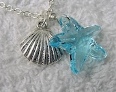 Crystal Necklace Swarovski Aquamarine Starfish Charm Handmade on Silver Chain with Silver Shell