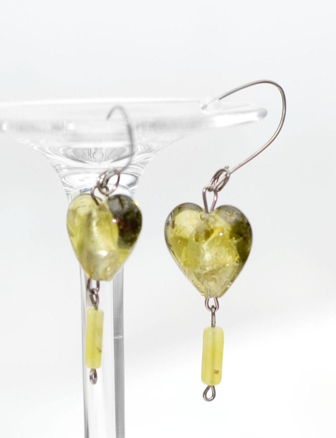 SHOP CLOSING SALE-  Hypoallergenic dangle earrings...Only one pair ...Green Glass Hearts and Green Opal Gemstones