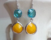 Mustard Yellow and Teal Blue Glass Dangle Earrings- Silver Version. Colorblock Earrings. Spring Earrings. Bridesmaid Earrings - DesignsbyJocelyn