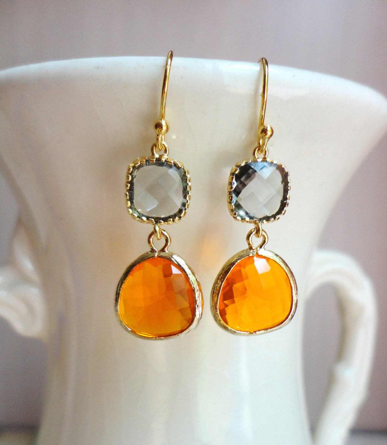 Gorgeous Orange and Gray Glass Dangle Earrings. Colorblock Earrings. Spring Earrings. Bridesmaid Earrings.