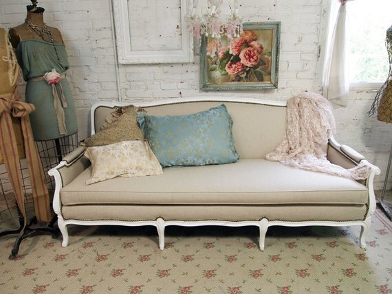 RESERVE DEVON Vintage Painted Cottage Chic Shabby White French Provincial Upholstered Louis Sofa UP105