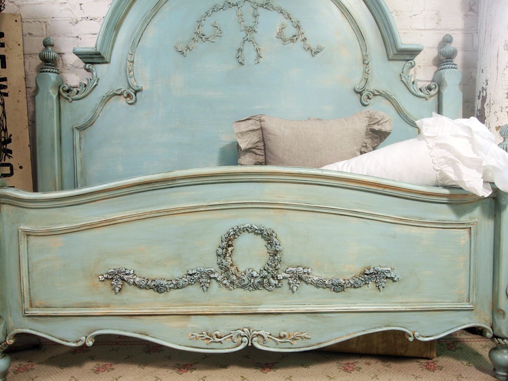 Painted Cottage Chic Shabby Aqua Queen Romance Bed BD205