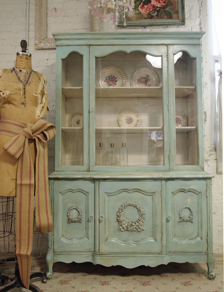 Vintage Painted Cottage Aqua Chic French China Cabinet CC138