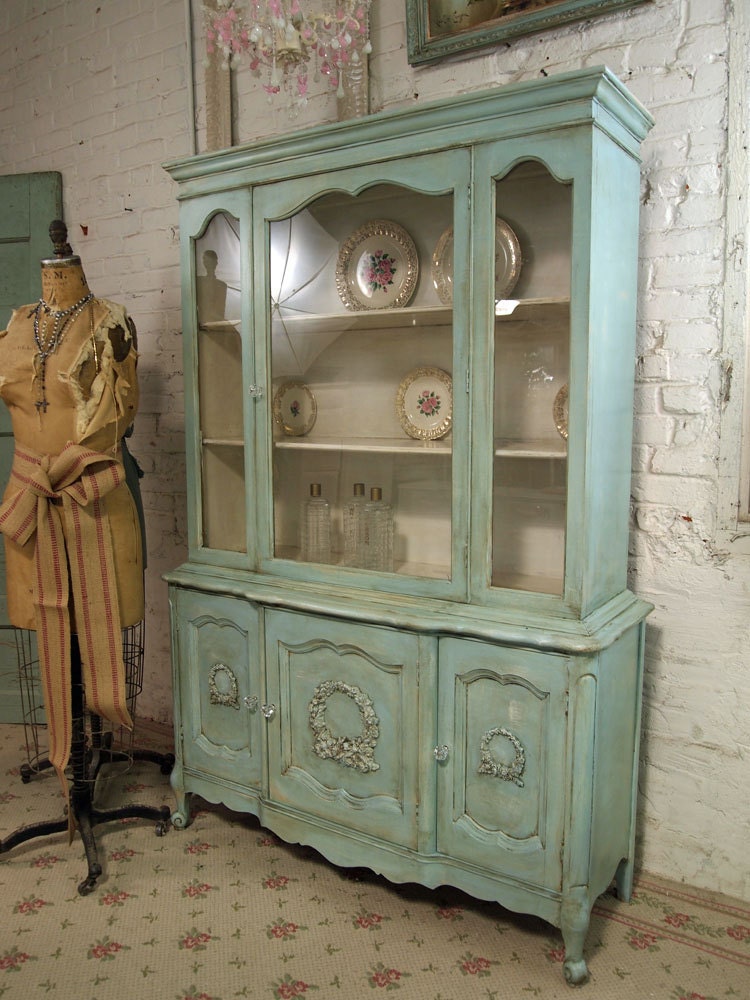 Vintage Painted Cottage Aqua Chic French China Cabinet CC138