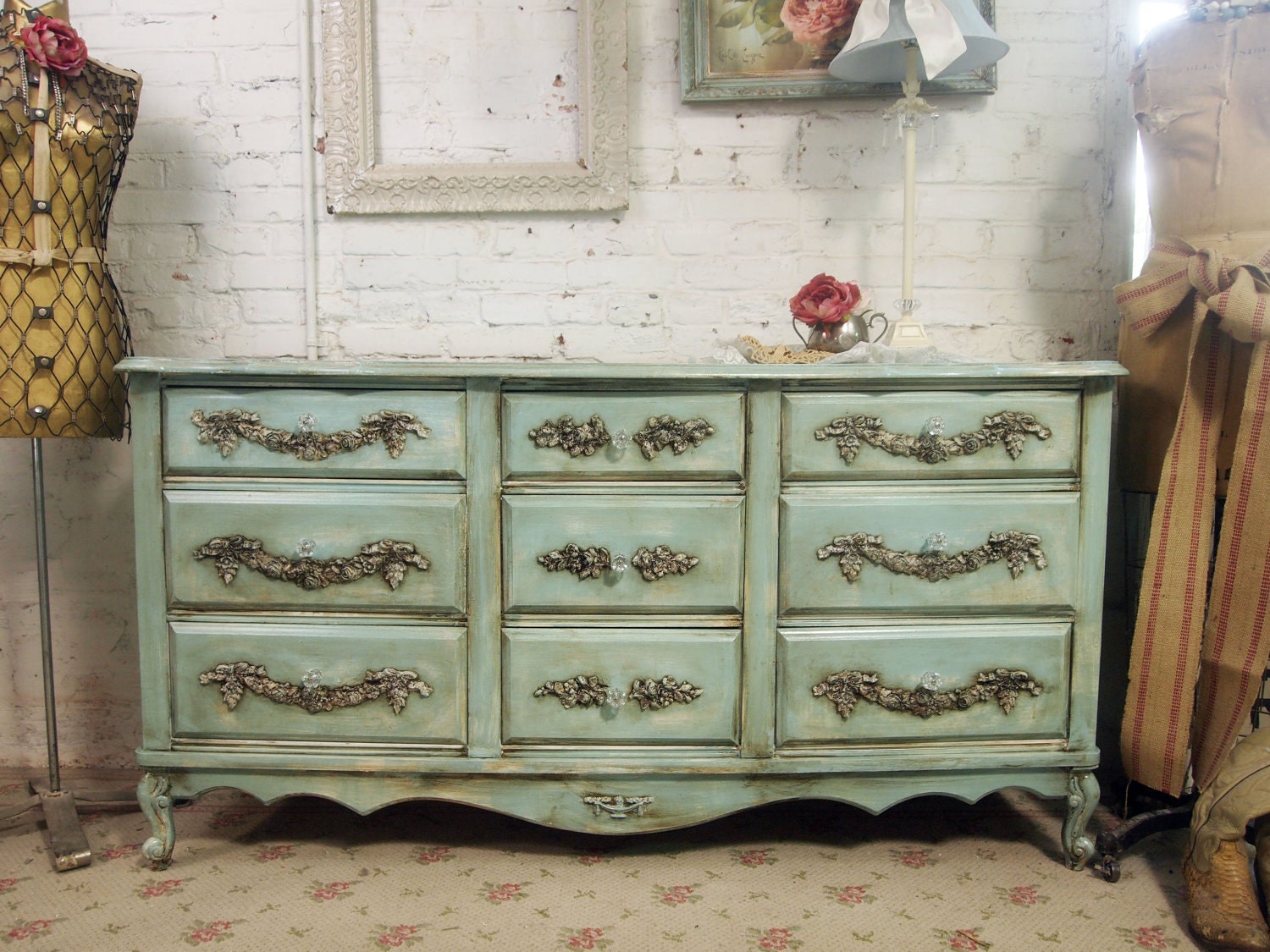 RESERVE  ROBINVintage Painted Cottage Shabby Aqua Chic Dresser  DR216