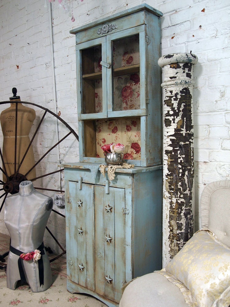 RESERVEVictoriaPainted Cottage Chic Shabby Aqua Farmhouse Cupboard CC263
