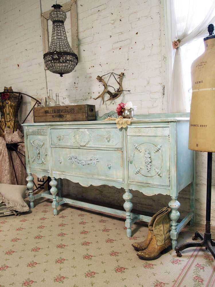 RESERVEBevPainted Cottage Chic Shabby Aqua French Server / Buffet SV265