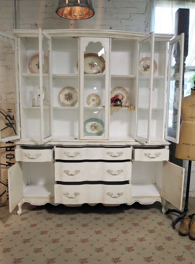 Painted Cottage Chic Shabby White Romantic Tea Stained French China Cabinet CC326