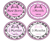 Girls Personalized Monthly Onesie Stickers (Pink/Black Damask)-Includes Newborn, Large 12 Month, and Bonus Stickers- Baby Month Stickers