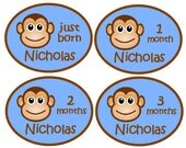 Monkey Face Personalized Monthly Onesie Stickers-Includes Newborn, Large 12 Month Sticker, and Bonus Sticker