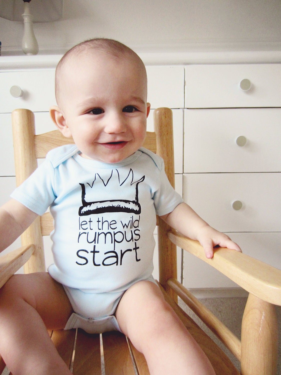Where the wild things are onesie. Let the wild rumpus start baby one piece. Sizes newborn through 18 months.