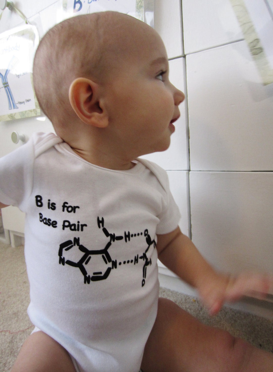 Funny baby onesie. B is for base pair screen printed design. Alphabet one piece avaliable in sizes newborn through 18 months.
