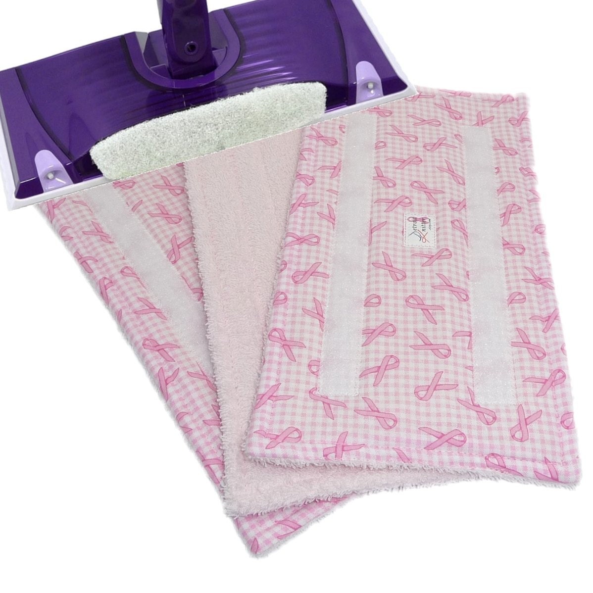 3 Wet Jet Pads - Swifters - Reusable Washable for WetJets - Pink Ribbon Check pattern