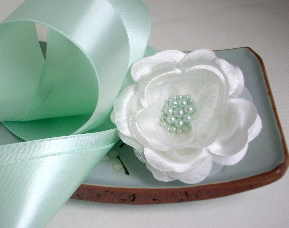 Light Green Satin Bridal Sash with White Rose Flower Accent - Mint Green Mist