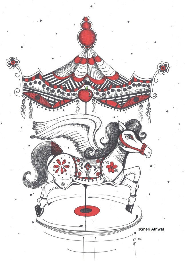 The Sweet Merry Go Round 9x12 Original Ink Drawing