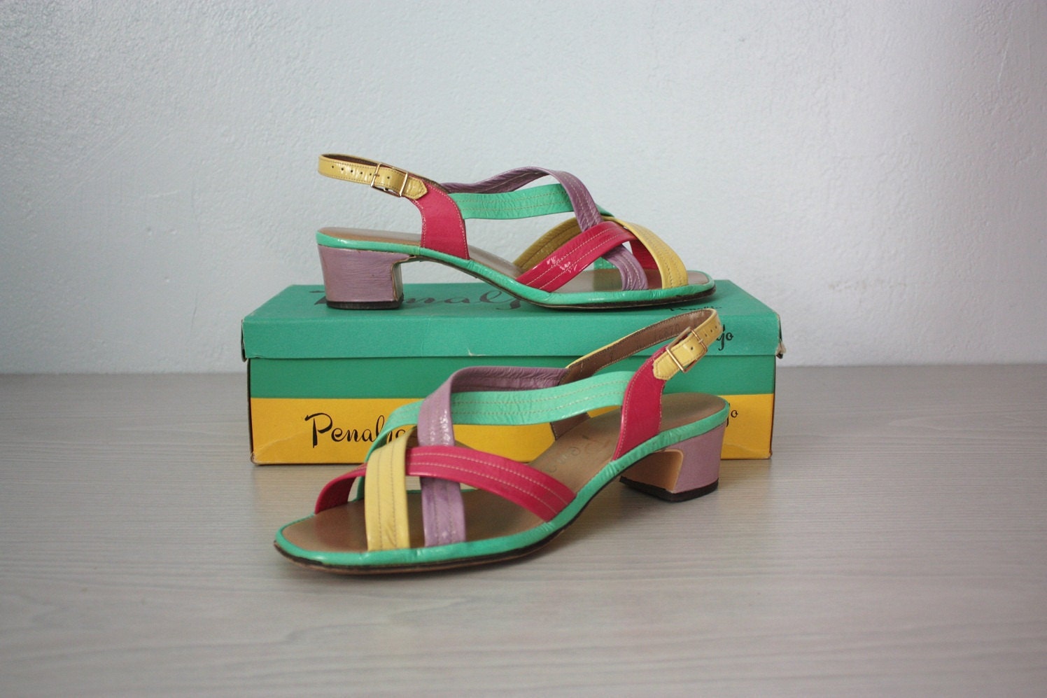 Weekend Sale - vintage 80s colorful leather sandals - Summer Colors Penaljo bright strappy neon cuban heel boxed 8/9
