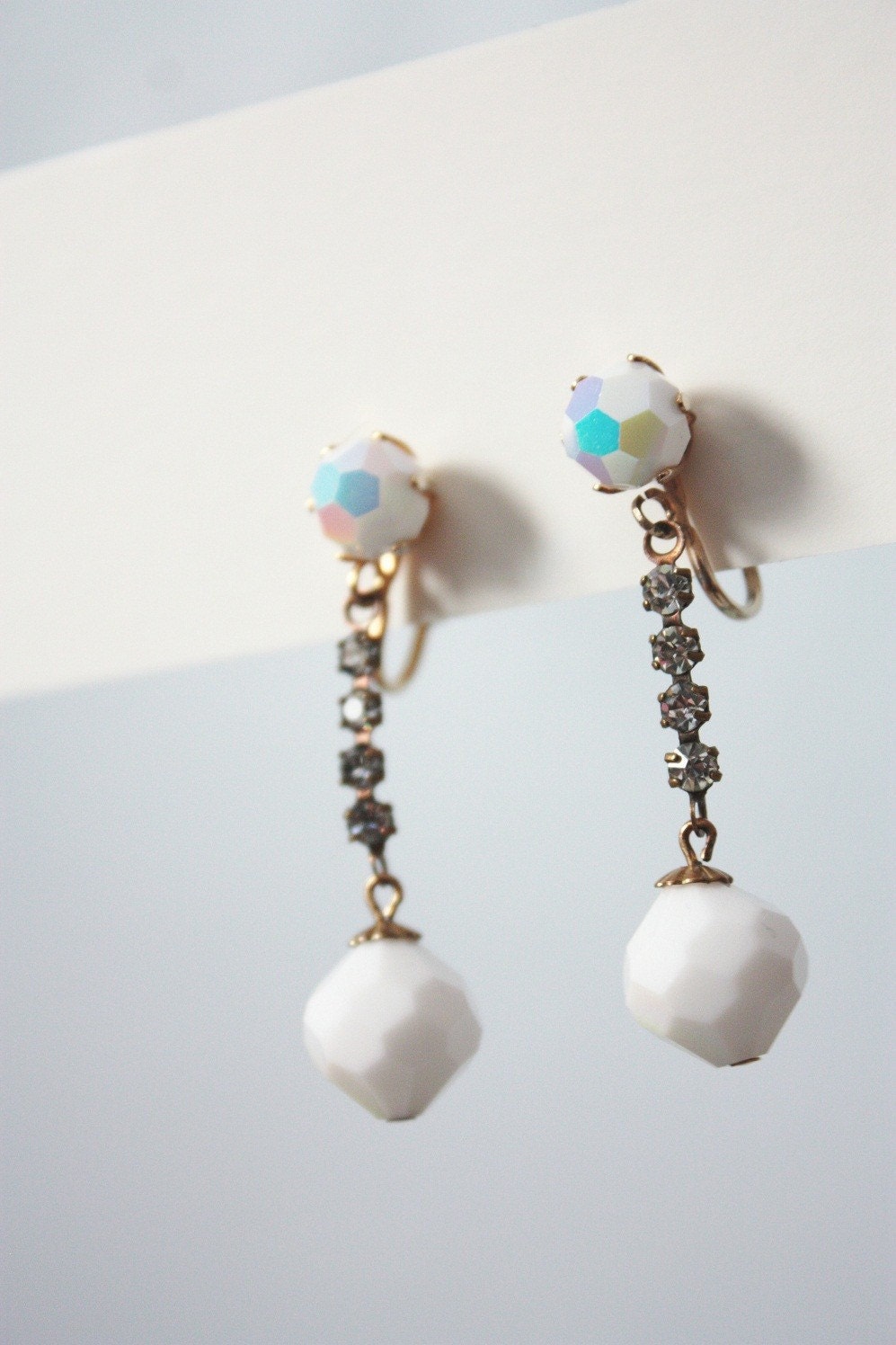 Weekend Sale - vintage 50s 60s rhinestone earrings - Ethereal Chandelier mid century aurora bourealis beaded clip on costume