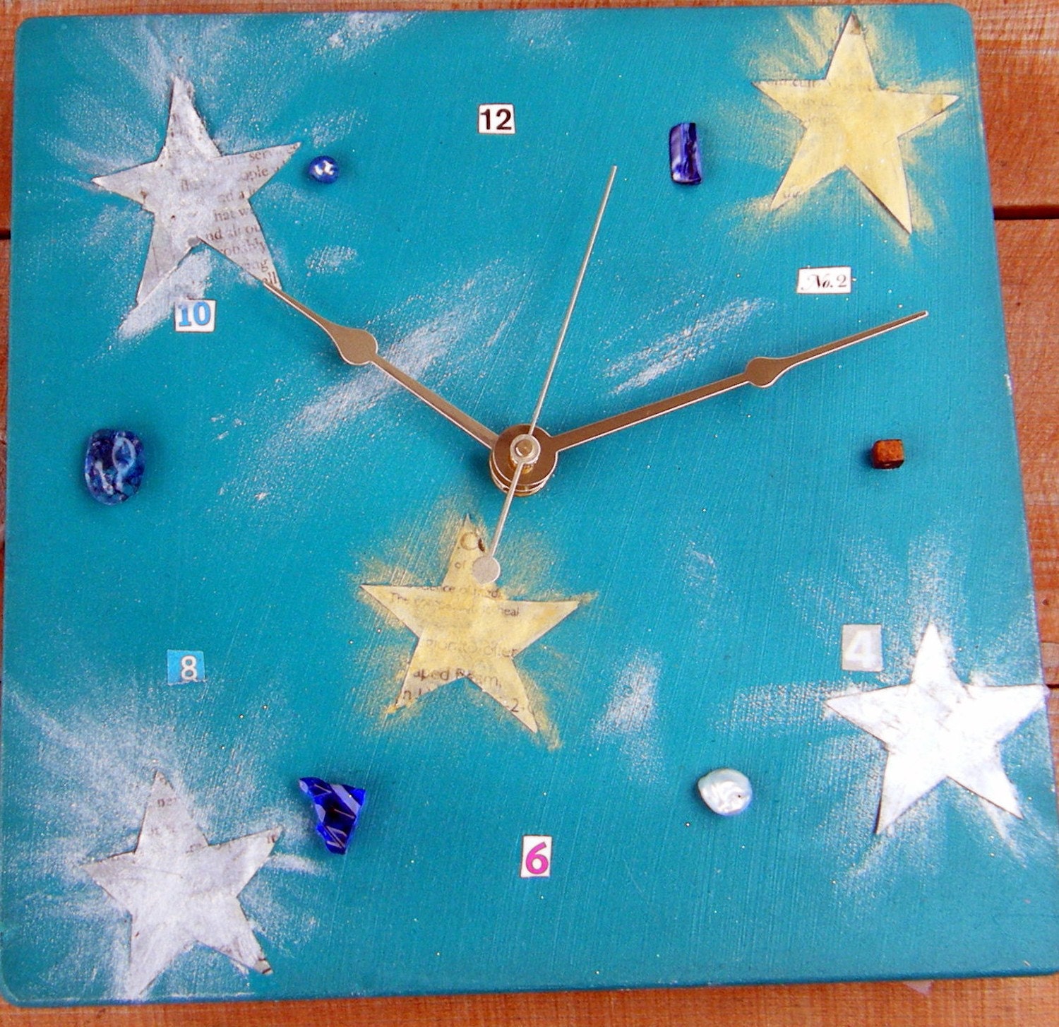 Mixed media square art  wall clock -- silver and gold stars on teal -- unique home or office decor