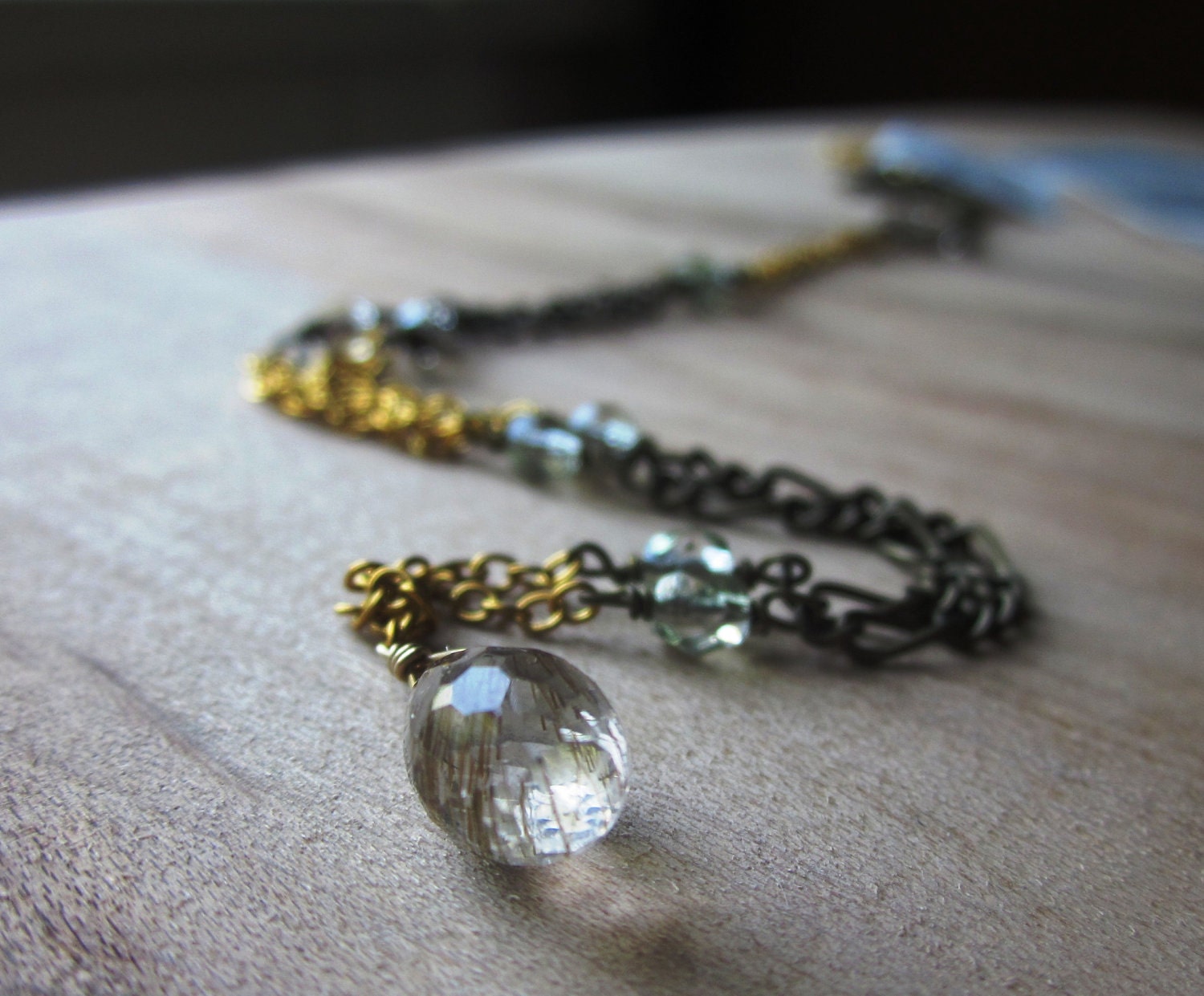 Rutilated Quartz Briolette Necklace, Patchwork Chain with Glass