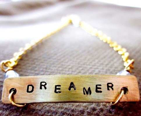 Dreams Come True Bracelet, Brass Stamped ID Tag with Blue Glass and Gold Plate