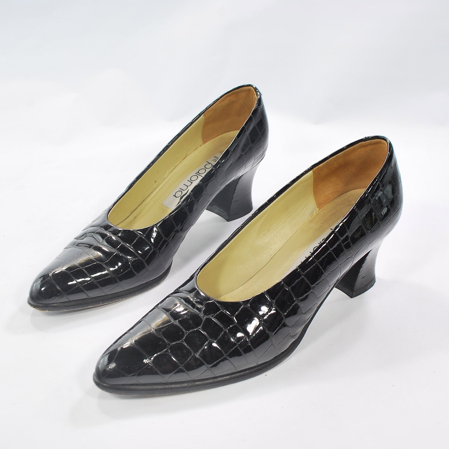 Slick and Sexy black patent leather heels .alligator textured .spool heel .classic and elegant with leather soles -womens size 7 or 6.5-
