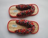 Unique Asian shoes .Kitschy and Colorful floral .adult flip flops . Brushed Corduroy Upper .Bamboo and foam sole .Fat Rolls Size 10