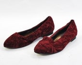 Crushed Cranberries and Romantic Pipe Dreams .berry red velvet skimmer flats .romantic slip ons .80s into 90s boho flava -womens size 6.5-