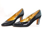 Classic yet Unique vintage black leather pumps .leather soles .Faux gemstones .made in Spain -womens size 8.5-