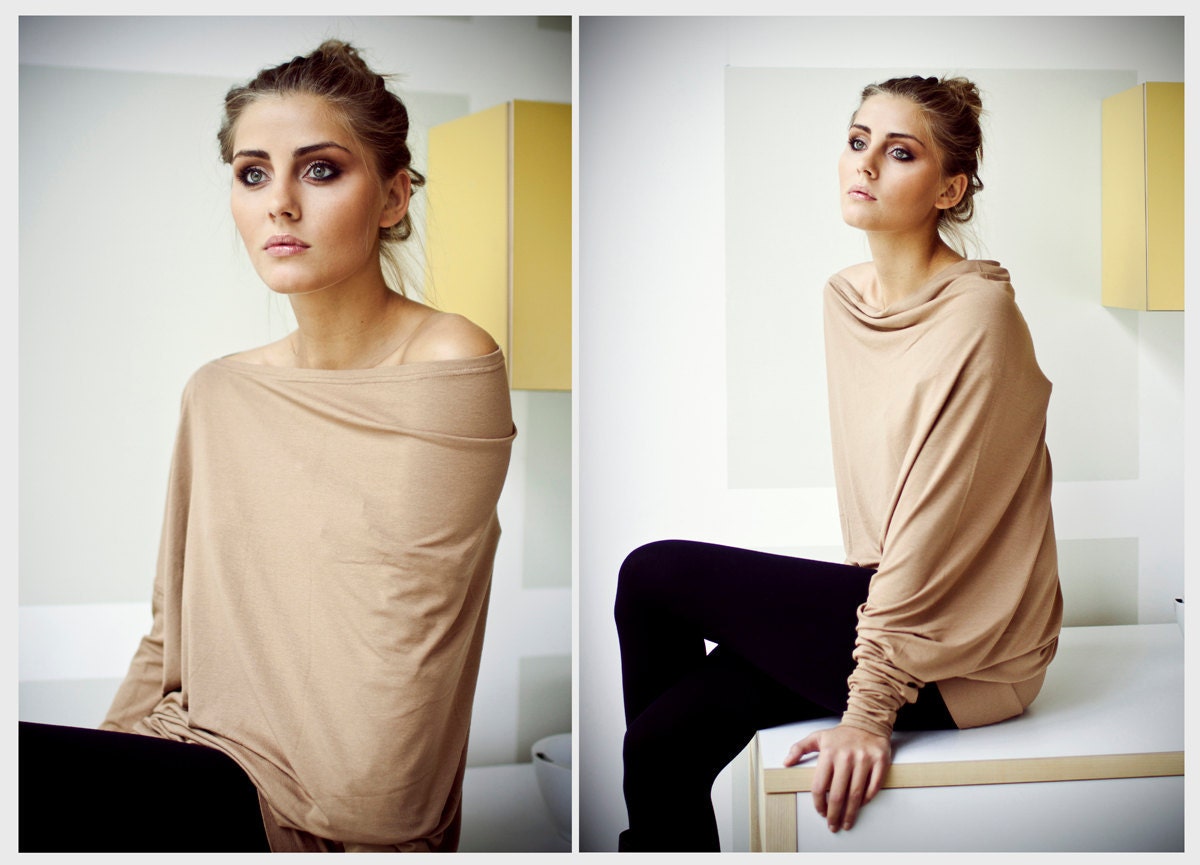 Capuccino asymmetric long-sleeved  Muse blouse with buttons on the back