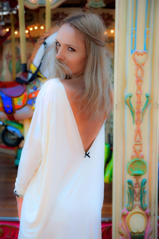 Creamy open-back cotton Milk and honey LeMuse dress with little black bow on the back