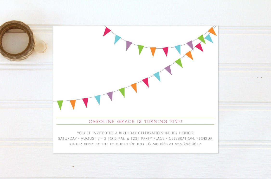 Mod Bunting Birthday Party Invitations - Set of 12 Custom Pennant Invites - Girl OR Boy - Colorful and Fun